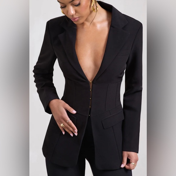 UNBEATEN BLACK PLUNGE CORSET WAIST BLAZER CLUB L LONDON US2 NEW - Picture 4 of 10
